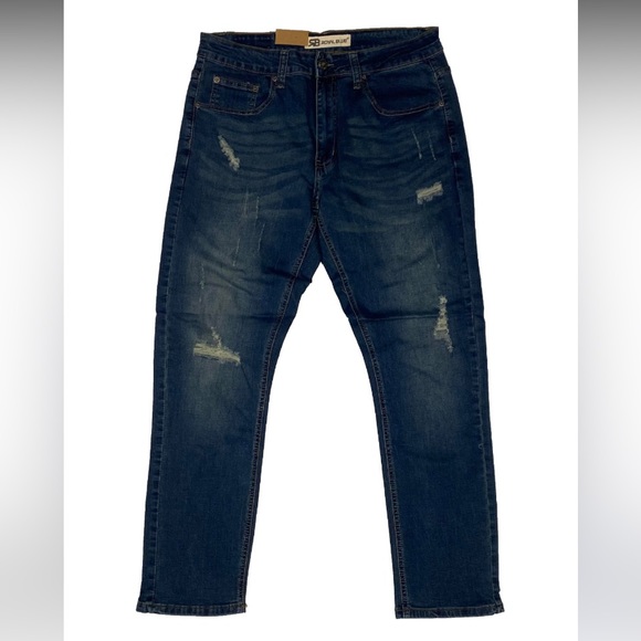 Royal Blue Stretch Athletic Fit Denim w Rips Color: Medium Blue Style:8405AB - Picture 1 of 2